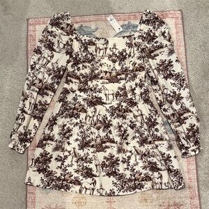 NWT Francesca’s brown and white cotton long sleeve horse toile mini dress